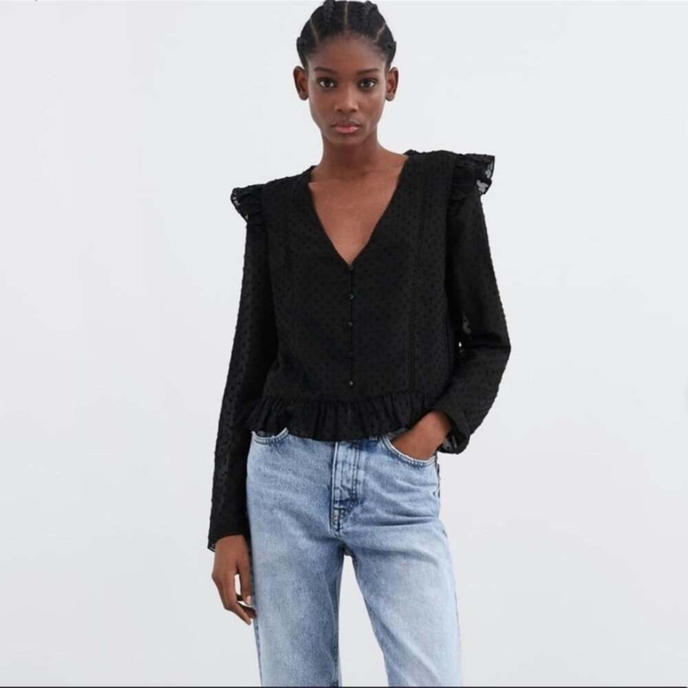 ZARA Women's Black Button Down Long Sleeve Ruffled Blouse